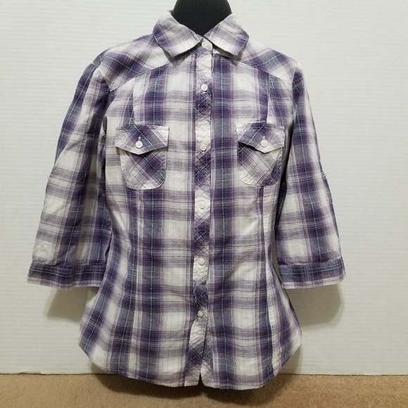 Mudd top Large plaid check button up 3/4 tab sleeve layering 100% cotton - Picture 1 of 14